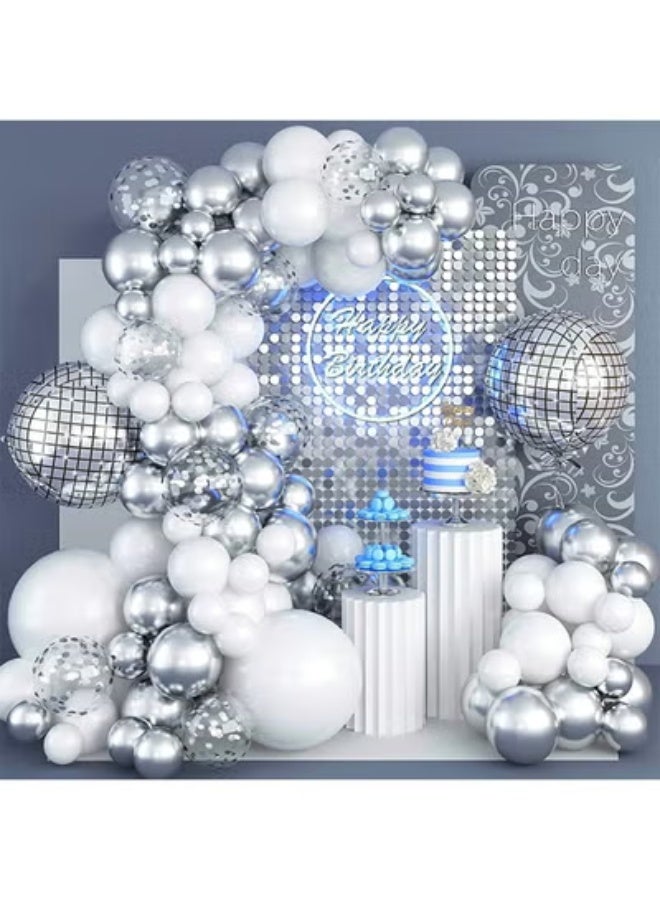 fantasize Disco Ball Arch Kit, White and Silver Balloon Garland With Large Metallic Mirror Balls, Silver Confetti Balloons for Party Decorations - Image 1