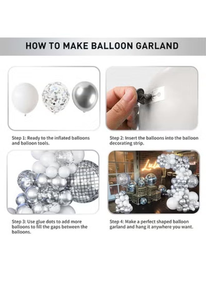fantasize Disco Ball Arch Kit, White and Silver Balloon Garland With Large Metallic Mirror Balls, Silver Confetti Balloons for Party Decorations - Image 2