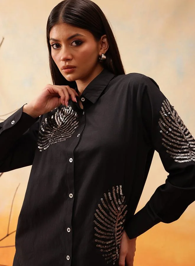 STREET 9 Black Sequined Embellished Shirt and Trousers Co-Ords