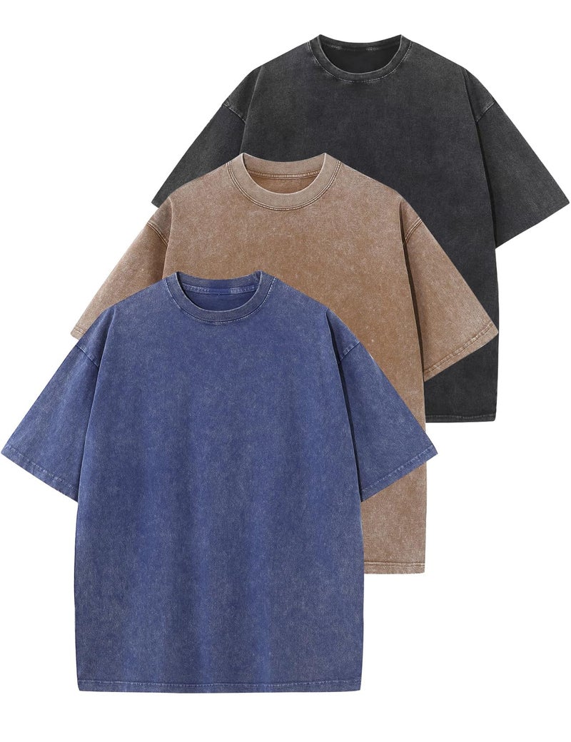 Arssm 3 Pack Men Oversized T Shirts Vintage Tee Loose Fit Short Sleeve Casual Streetwear Baggy Washed Unisex Tops(BlackKhakiBlue-L) - Image 1