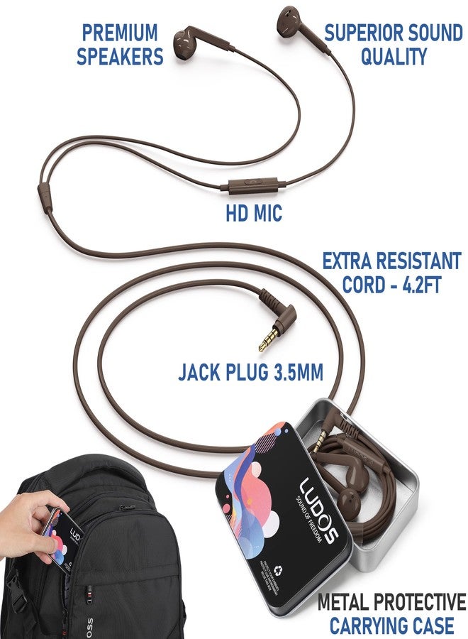 LUDOS FEROX Wired Earbuds in-Ear Headphones, 5 Year Warranty, Earphones with Microphone, Noise Isolation Corded for 3.5mm Jack Ear Buds for iPhone, Samsung, Laptop, Kids, School Students - Brown - Image 2