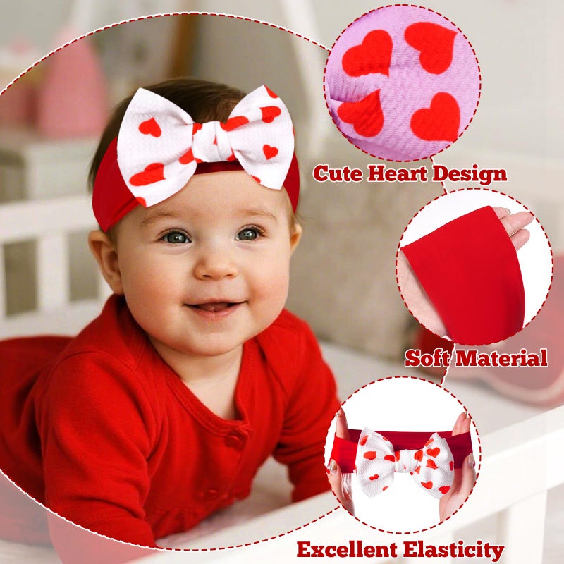 baotongle 3pcs 6'' Large Valentines Baby Bow Headbands with Bows High Stretchy Soft Nylon Headbands Baby Hair Accessories for Infant Baby Girls Red Light Pink Heart - Image 3