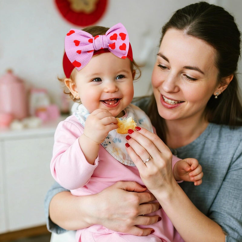 baotongle 3pcs 6'' Large Valentines Baby Bow Headbands with Bows High Stretchy Soft Nylon Headbands Baby Hair Accessories for Infant Baby Girls Red Light Pink Heart - Image 5