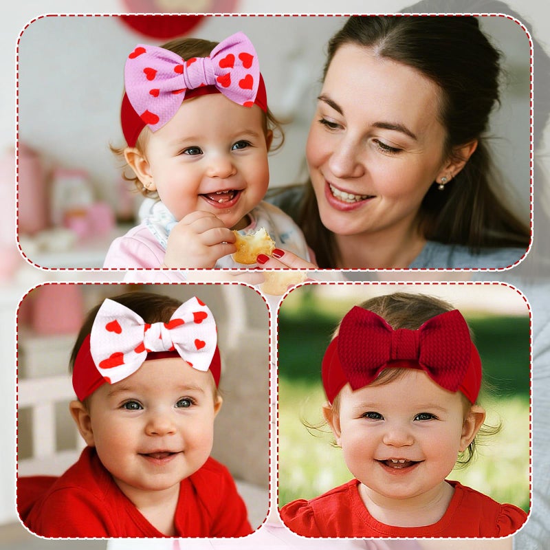 baotongle 3pcs 6'' Large Valentines Baby Bow Headbands with Bows High Stretchy Soft Nylon Headbands Baby Hair Accessories for Infant Baby Girls Red Light Pink Heart - Image 4