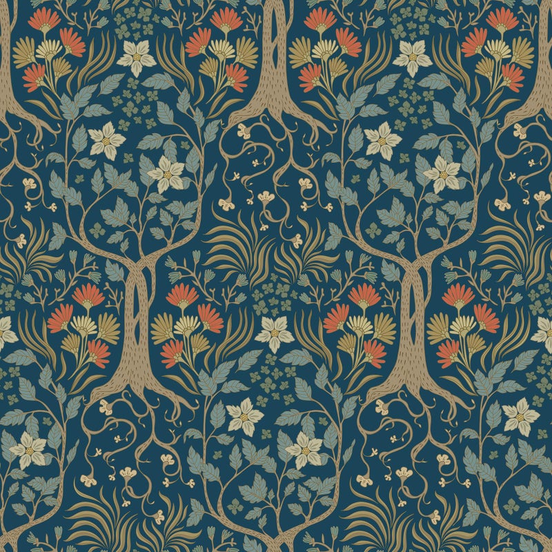 Stickyart Peel and Stick William Morris Botanical Wallpaper Vintage Symmetrical Botanical Tree Wallpaper Removable Navy Blue Arts and Crafts Floral Tree Contact Paper for Cabinet Accent Wall 17.5"x80" - Image 1