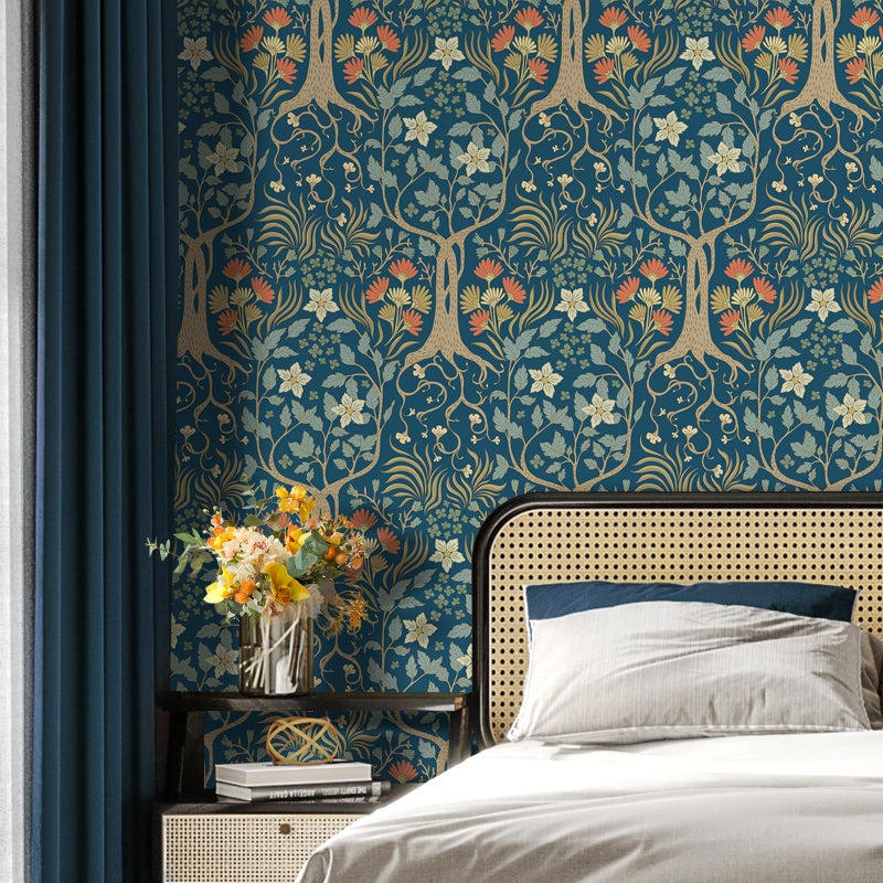 Stickyart Peel and Stick William Morris Botanical Wallpaper Vintage Symmetrical Botanical Tree Wallpaper Removable Navy Blue Arts and Crafts Floral Tree Contact Paper for Cabinet Accent Wall 17.5"x80" - Image 2