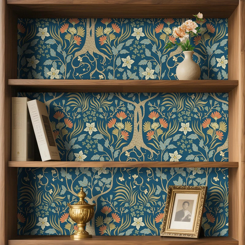 Stickyart Peel and Stick William Morris Botanical Wallpaper Vintage Symmetrical Botanical Tree Wallpaper Removable Navy Blue Arts and Crafts Floral Tree Contact Paper for Cabinet Accent Wall 17.5"x80" - Image 3