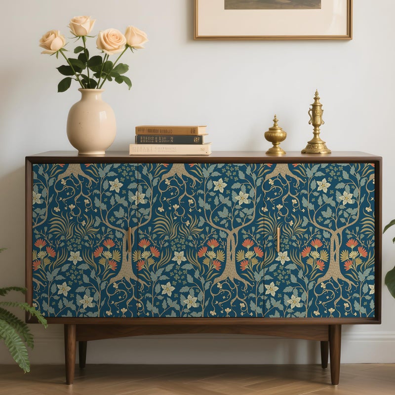 Stickyart Peel and Stick William Morris Botanical Wallpaper Vintage Symmetrical Botanical Tree Wallpaper Removable Navy Blue Arts and Crafts Floral Tree Contact Paper for Cabinet Accent Wall 17.5"x80" - Image 5