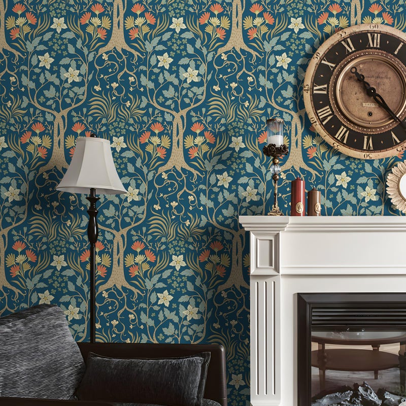 Stickyart Peel and Stick William Morris Botanical Wallpaper Vintage Symmetrical Botanical Tree Wallpaper Removable Navy Blue Arts and Crafts Floral Tree Contact Paper for Cabinet Accent Wall 17.5"x80" - Image 4