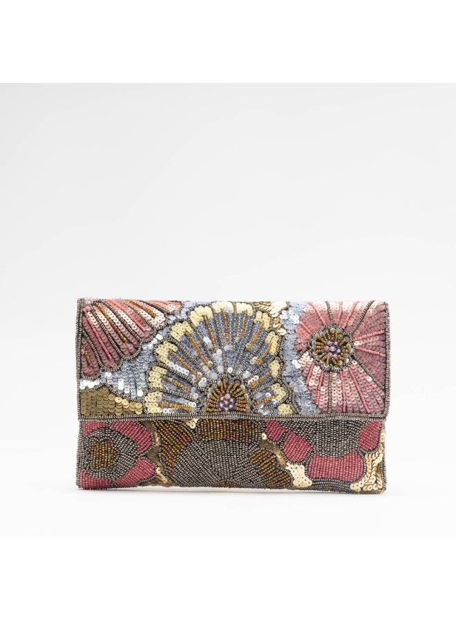 Crystalicious Renee Floral Handcrafted Beaded Golden Clutch Brown Bag Elegance for Every Occasion Day to Night - Image 1