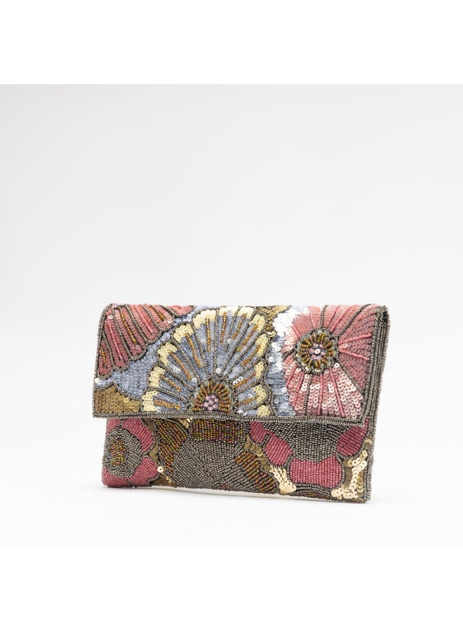 Crystalicious Renee Floral Handcrafted Beaded Golden Clutch Brown Bag Elegance for Every Occasion Day to Night - Image 2