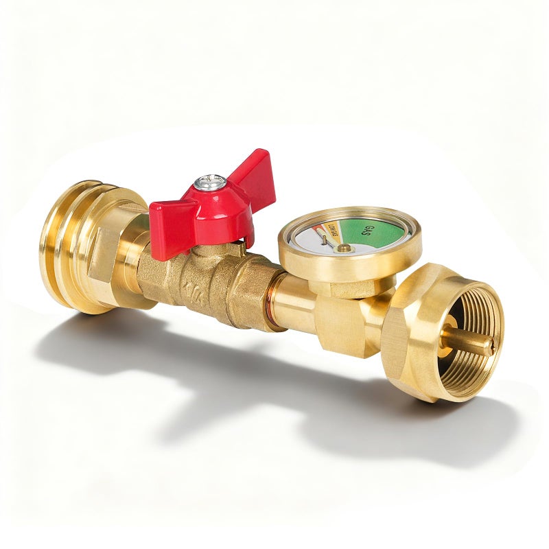 GASPRO 1lb Propane Tank Adapter with Switch Valve Gauge,20 lb to 1lb Converter, Hook Up Small Propane Tanks When 20lb Ran Out, Solid Brass - Image 1