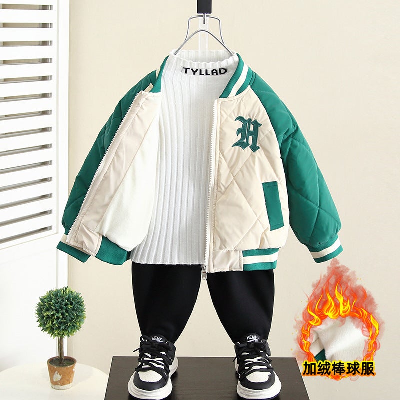 4292 Boys' Velvet Baseball Jacket Winter Jacket Top Baby Thickened Cotton Jacket - Image 1