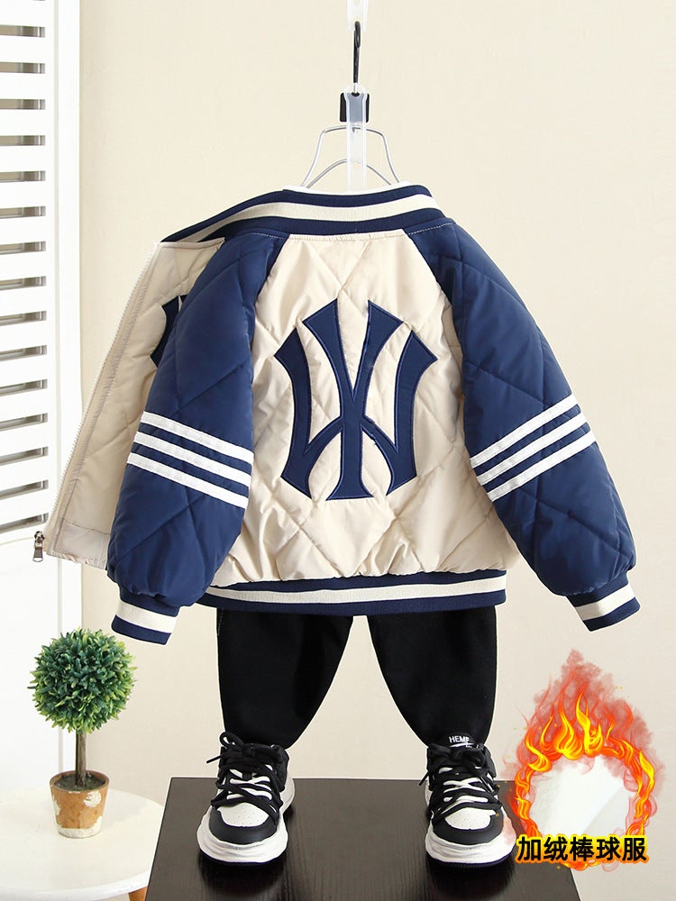 4292 Boys' Velvet Baseball Jacket Winter Jacket Top Baby Thickened Cotton Jacket - Image 3