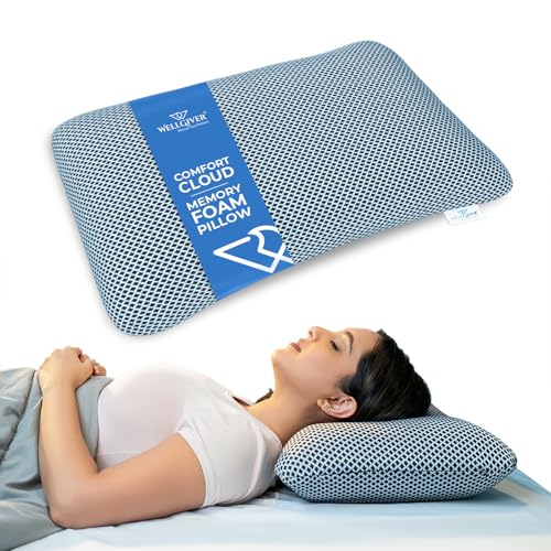 WELLGIVER Ergonomic Memory Foam Pillow for Neck Pain | 2 Years Warranty | 21 x 14 x 4.5 Inch | Orthopedic Pillow for Side Sleeping | Removable Washable Jacquard Midnight Blue Cover | Pack of 1 - Image 1