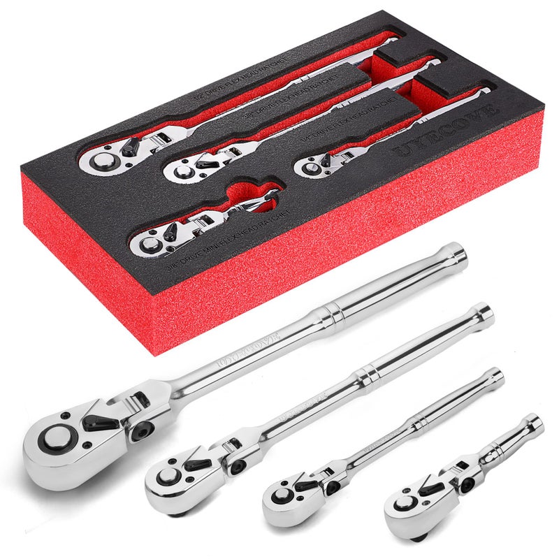 UYECOVE 1/2 3/8 1/4 Inch Drive Ratchet Set, 4Pcs Flex Head Ratchet Set, 72 Tooth Quick Release Flexible Swivel Head Socket Ratchet Wrench Set - Image 1