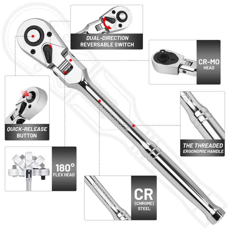 UYECOVE 1/2 3/8 1/4 Inch Drive Ratchet Set, 4Pcs Flex Head Ratchet Set, 72 Tooth Quick Release Flexible Swivel Head Socket Ratchet Wrench Set - Image 2