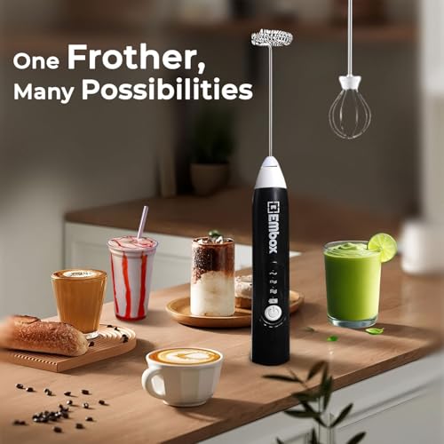 EMBOX Coffee Frother Electric | Coffee Maker | Double Spring Kit with Type-C Rechargeable Cord | Milk frother for Cappuccino Cream and Egg Whisker | Electric Blender Mixer (2 Whisk + Stand, Black) - Image 4