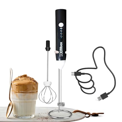 EMBOX Coffee Frother Electric | Coffee Maker | Double Spring Kit with Type-C Rechargeable Cord | Milk frother for Cappuccino Cream and Egg Whisker | Electric Blender Mixer (2 Whisk + Stand, Black) - Image 1