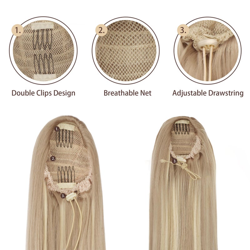 BARSDAR Short Straight Ponytail Extension - 16 Inch Drawstring Blonde Ponytail Hair Extensions for Women - Synthetic Fake Pony Tails Hairpieces Clip in Ponytails Daily - Light Ash Blonde Mixed - Image 3