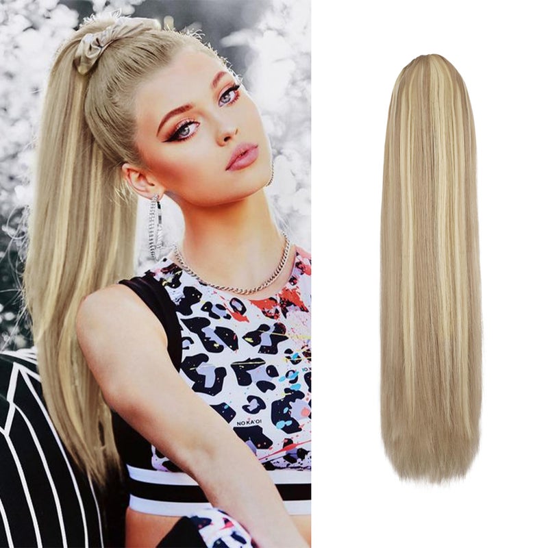 BARSDAR Short Straight Ponytail Extension - 16 Inch Drawstring Blonde Ponytail Hair Extensions for Women - Synthetic Fake Pony Tails Hairpieces Clip in Ponytails Daily - Light Ash Blonde Mixed - Image 1