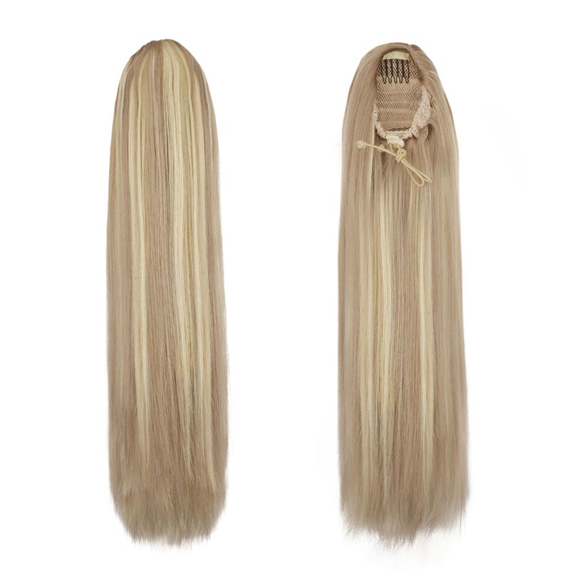 BARSDAR Short Straight Ponytail Extension - 16 Inch Drawstring Blonde Ponytail Hair Extensions for Women - Synthetic Fake Pony Tails Hairpieces Clip in Ponytails Daily - Light Ash Blonde Mixed - Image 2
