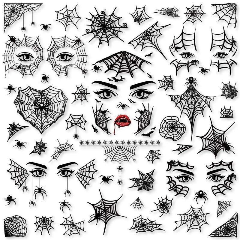 Konsait 65PCS Halloween Spider Face Tattoos Spider Web Spider Net Temporary Tattoos  Face Shoulder Arm Back Tattoos StickersHalloween Costume Apparel Cosplay Accessories Party Favor Supplies