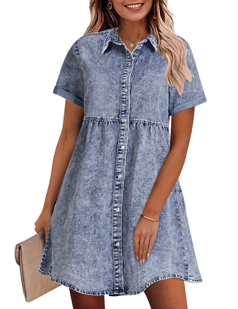 GRAPENT Short Homecoming Denim Dresses Blue Spring Dress for Women 2025 Summer Casual Dresses for Women Button Down Shirt Jean Dress Color Bay Blue Baggy Oversized Small Size 4 Size 6 - Image 1