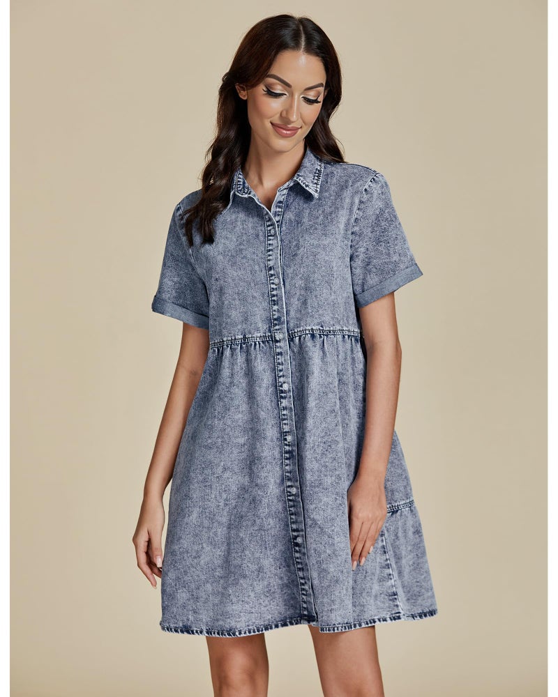 GRAPENT Short Homecoming Denim Dresses Blue Spring Dress for Women 2025 Summer Casual Dresses for Women Button Down Shirt Jean Dress Color Bay Blue Baggy Oversized Small Size 4 Size 6 - Image 3