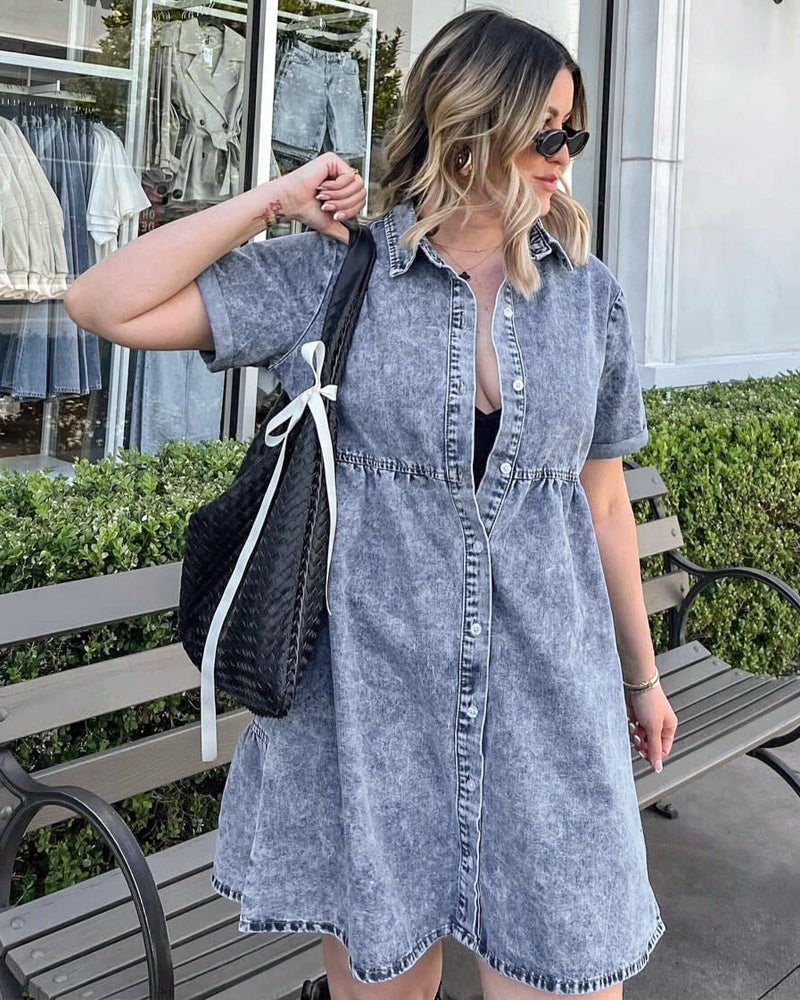 GRAPENT Short Homecoming Denim Dresses Blue Spring Dress for Women 2025 Summer Casual Dresses for Women Button Down Shirt Jean Dress Color Bay Blue Baggy Oversized Small Size 4 Size 6 - Image 5