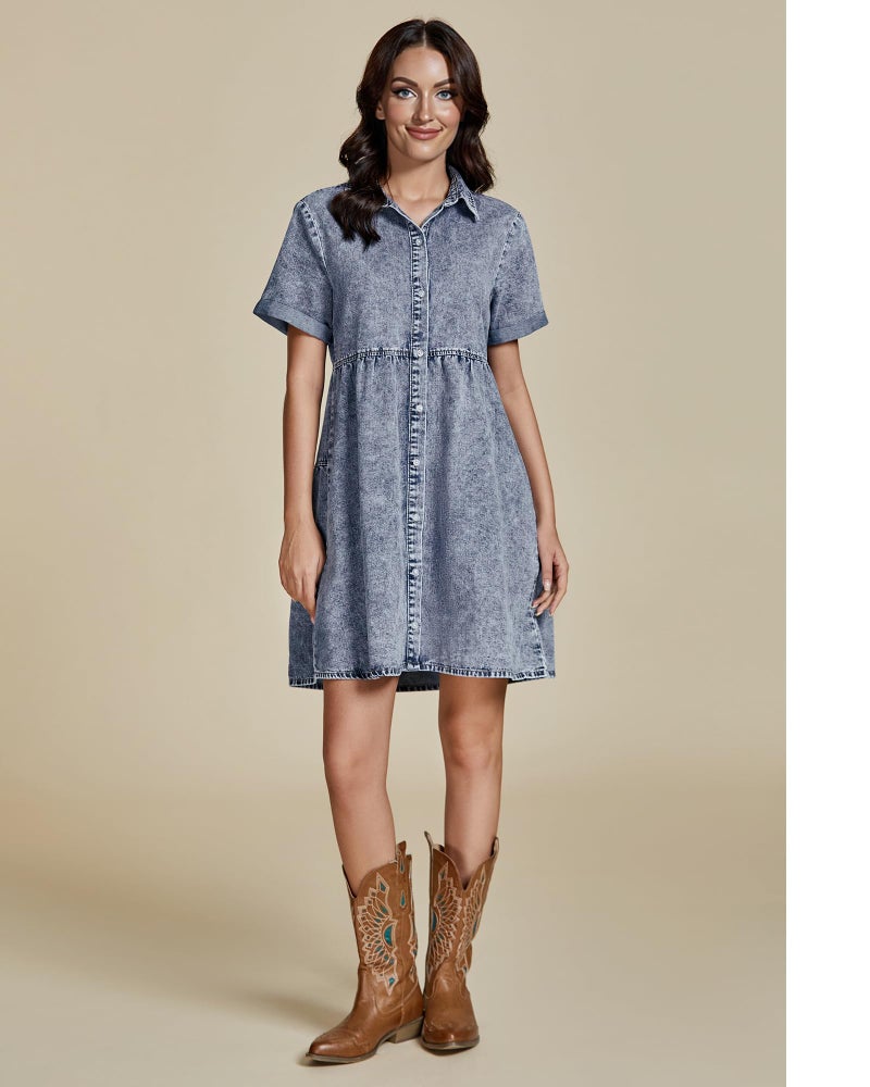 GRAPENT Short Homecoming Denim Dresses Blue Spring Dress for Women 2025 Summer Casual Dresses for Women Button Down Shirt Jean Dress Color Bay Blue Baggy Oversized Small Size 4 Size 6 - Image 4