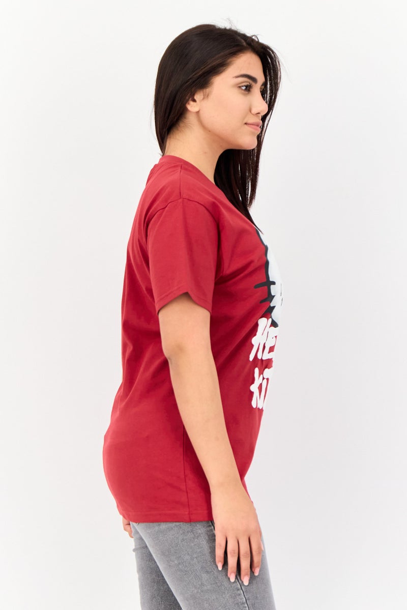 Hello Kitty Women Round Neck Short Sleeve Graphic Print T-Shirt, Dark Red - Image 2