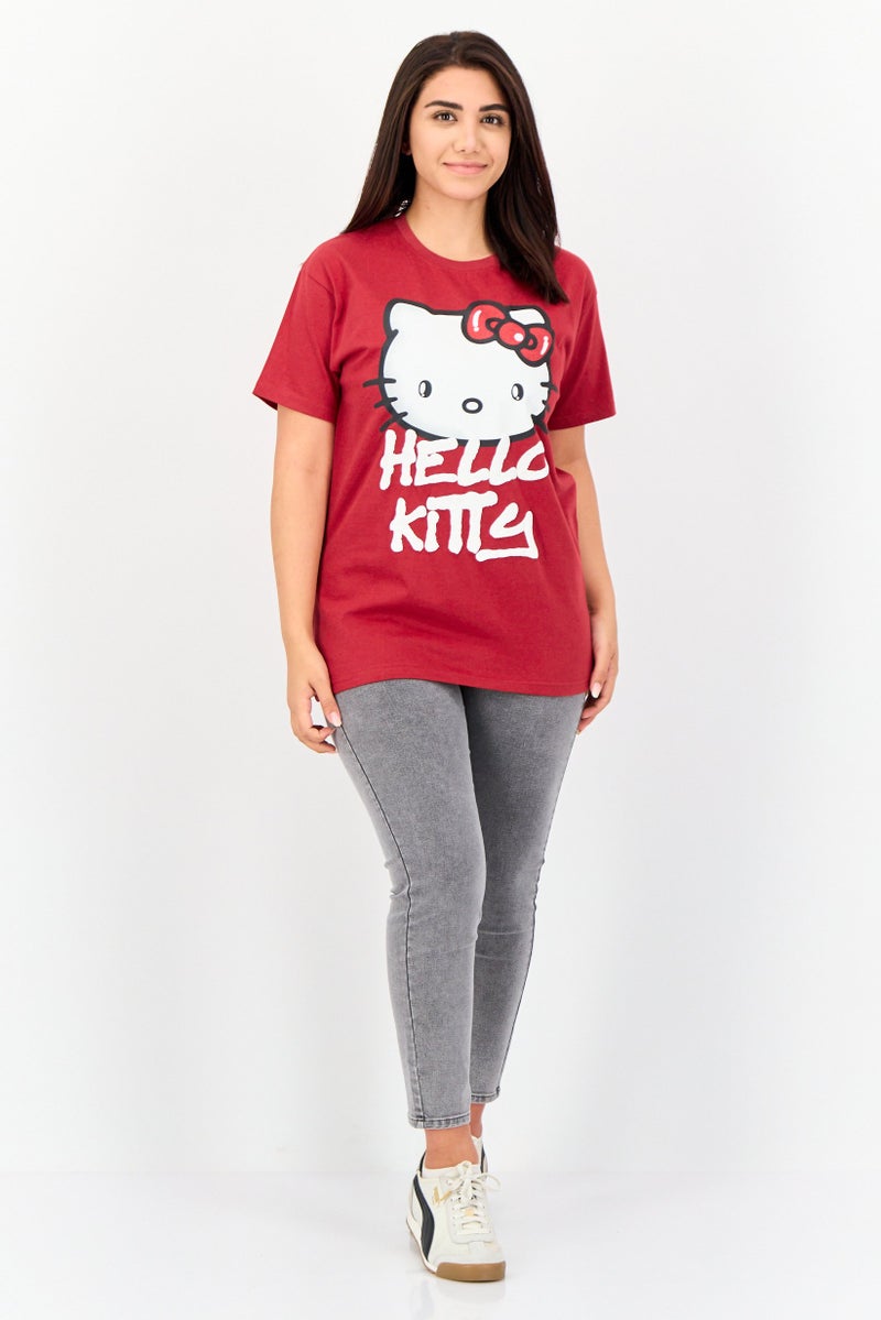 Hello Kitty Women Round Neck Short Sleeve Graphic Print T-Shirt, Dark Red - Image 4