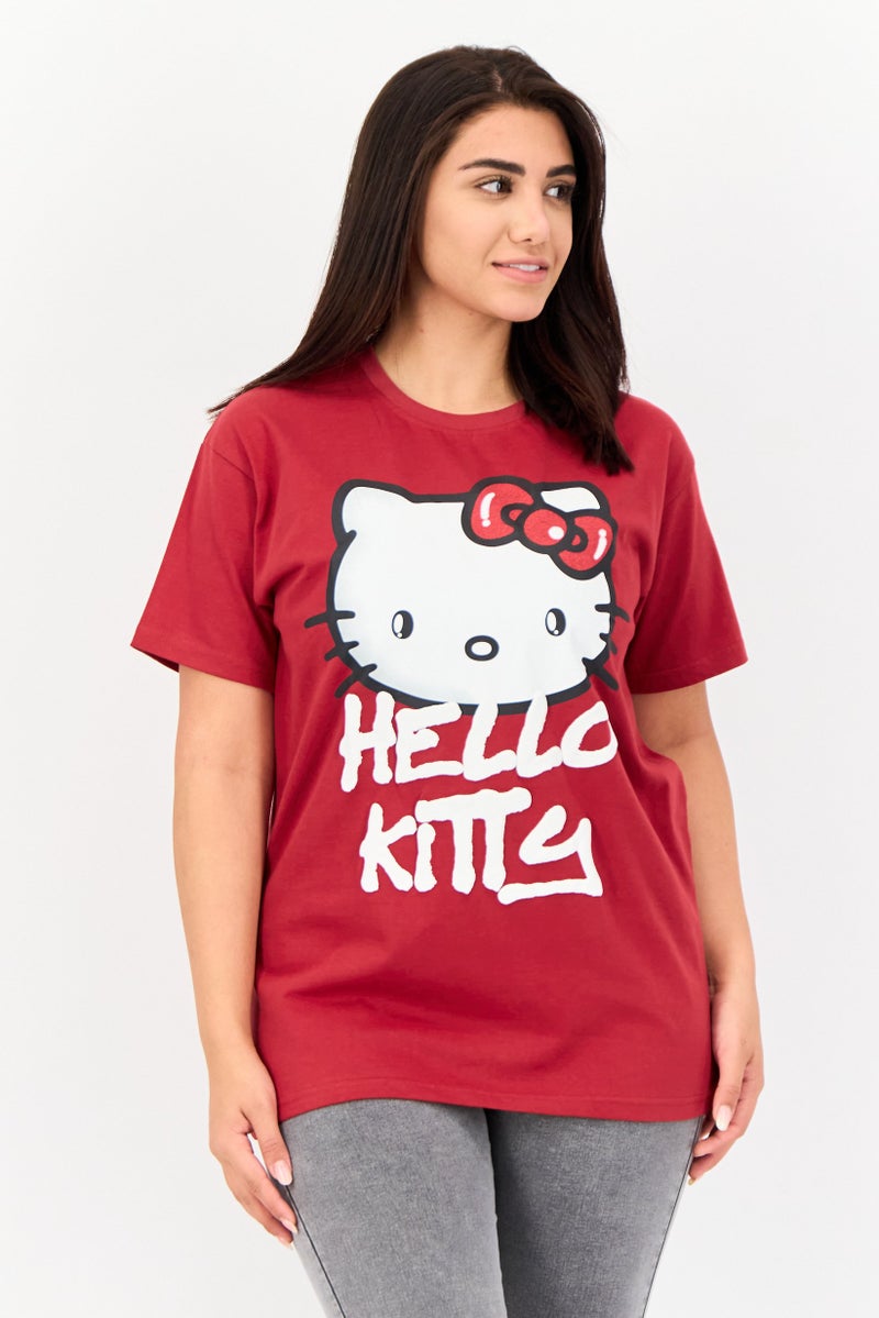 Hello Kitty Women Round Neck Short Sleeve Graphic Print T-Shirt, Dark Red - Image 1