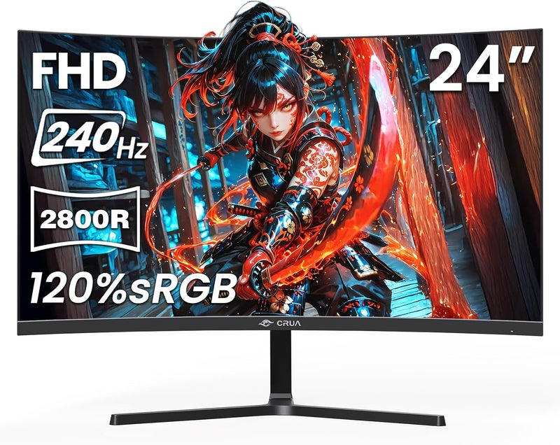 CRUA شاشة ألعاب 24 بوصة FHD 240Hz منحنية 2800R، دقة 1080P (1920x1080)، 120% sRGB، سرعة 1ms (GTG)، FreeSync، VESA، مناسبة للألعاب الإلكترونية والمكتب والاستخدام المنزلي، مكبر صوت مدمج - Image 1