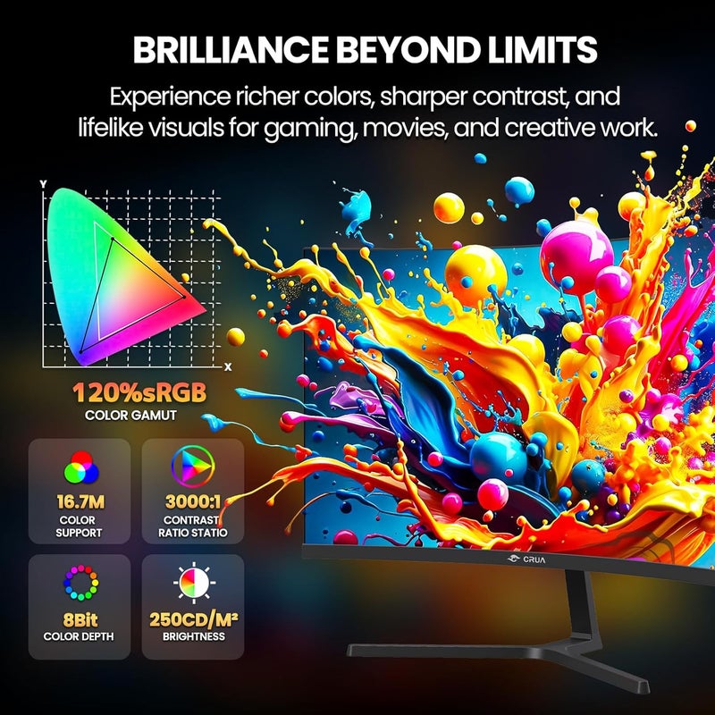 CRUA شاشة ألعاب 24 بوصة FHD 240Hz منحنية 2800R، دقة 1080P (1920x1080)، 120% sRGB، سرعة 1ms (GTG)، FreeSync، VESA، مناسبة للألعاب الإلكترونية والمكتب والاستخدام المنزلي، مكبر صوت مدمج - Image 4