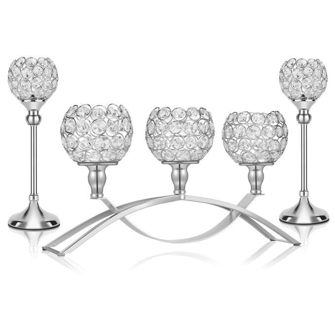 SILVER CRYSTAL CANDLE HOLDERS DECORATIVE 3ARM CANDELABRA 2 GLASS HOLDERS TABLE CENTERPIECE WEDDING PARTY ANNIVERSARY