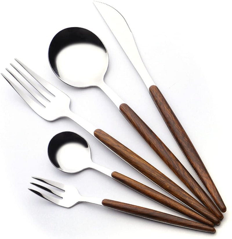 Eletree Stainless Steel Mirror Polished Spoon Set Western Cutlery with Imitation Wooden Handle Tableware Dinnerware Sets for Home Hotel Restaurant 5 Piece Silver - Image 1
