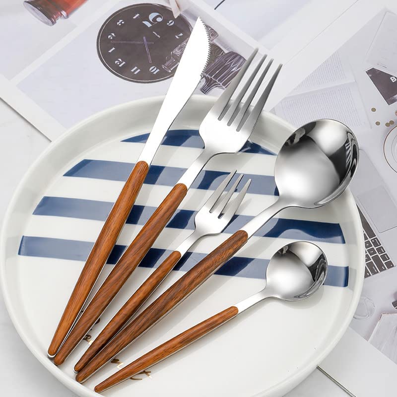 Eletree Stainless Steel Mirror Polished Spoon Set Western Cutlery with Imitation Wooden Handle Tableware Dinnerware Sets for Home Hotel Restaurant 5 Piece Silver - Image 3