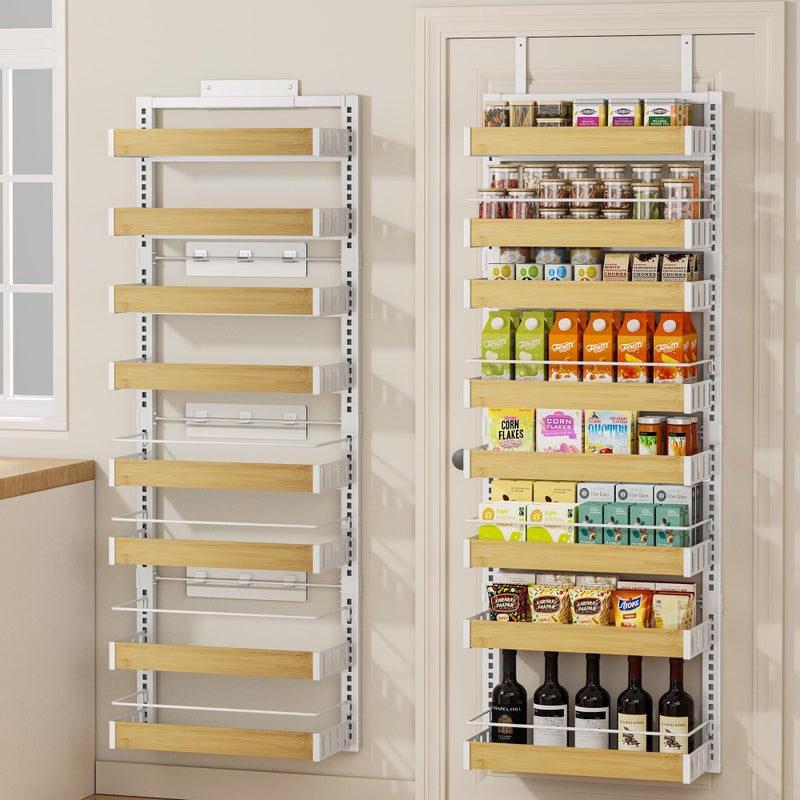 POKIPO 8 Tier Over The Door Pantry Organizer, 2 IN 1 Wall Mount or Hanging Spice Rack Seasoning Shelves with Adjustable Basket, Back of Door Organizer and Storage for Kitchen Cabinet and Room Closet - Image 1