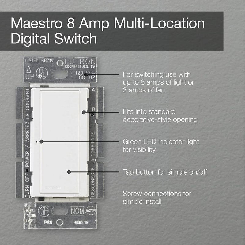Lutron Maestro Digital Switch, 8A Single Pole/Multi Location, MA-S8AM-WH, White - Image 4