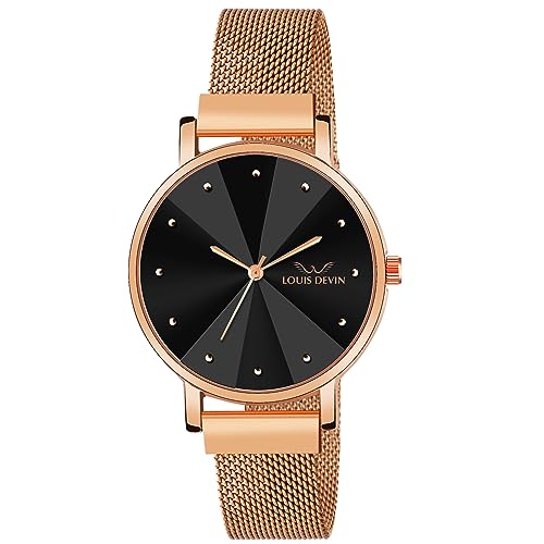 LOUIS DEVIN Rose Gold Plated Mesh Chain Analog Wrist Watch for Women (Black Dial) | LD-RG173-BLK - Image 1
