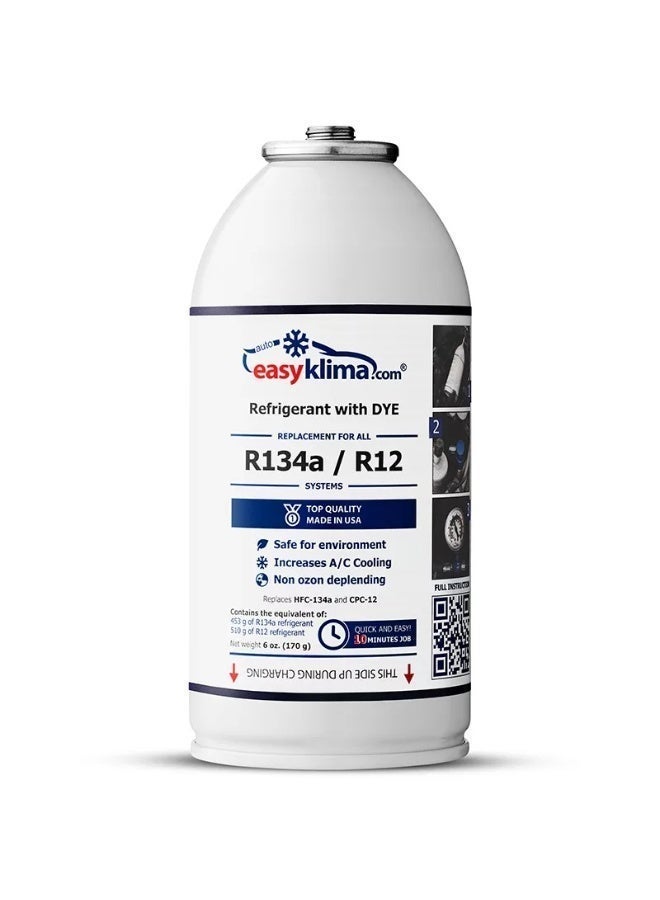 إيزيكليما EasyKlima غاز بديل لمبرد R134a لإعادة تعبئة مكيف السيارة مع صبغة UV، عبوة واحدة 170 جم، للاستخدام الذاتي، الخرطوم والقفازات غير مشمولة، للسيارات المتوافقة تقريباً من 1994 إلى 2016 - Image 1
