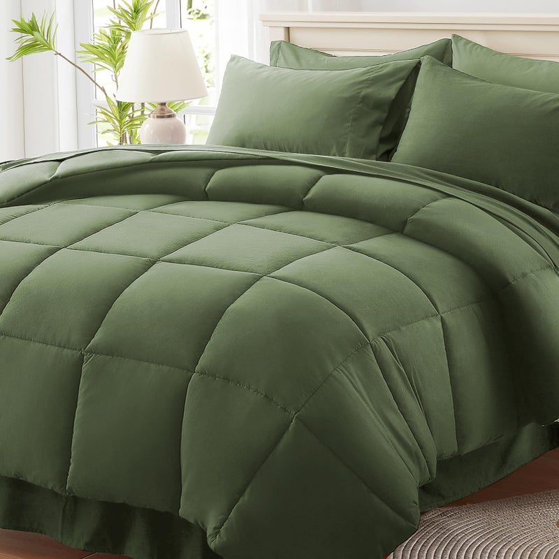 Anluoer Twin Size Bed in a Bag 5 Pieces Olive Green Bed Comforter Set with Sheets All Season Bedding Sets with 1 Comforter 1 Pillow Sham 1 Pillowcase 1 Flat Sheet 1 Fitted Sheet