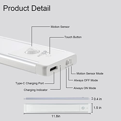 Hoteon Wireless Cabinet Light, 12 Inch Rechargeable Motion Sensor Closet Light with Stepless Dimming, Aluminum Alloy Casing, Touch Control & Magnet Under Counter, Warm - Image 2