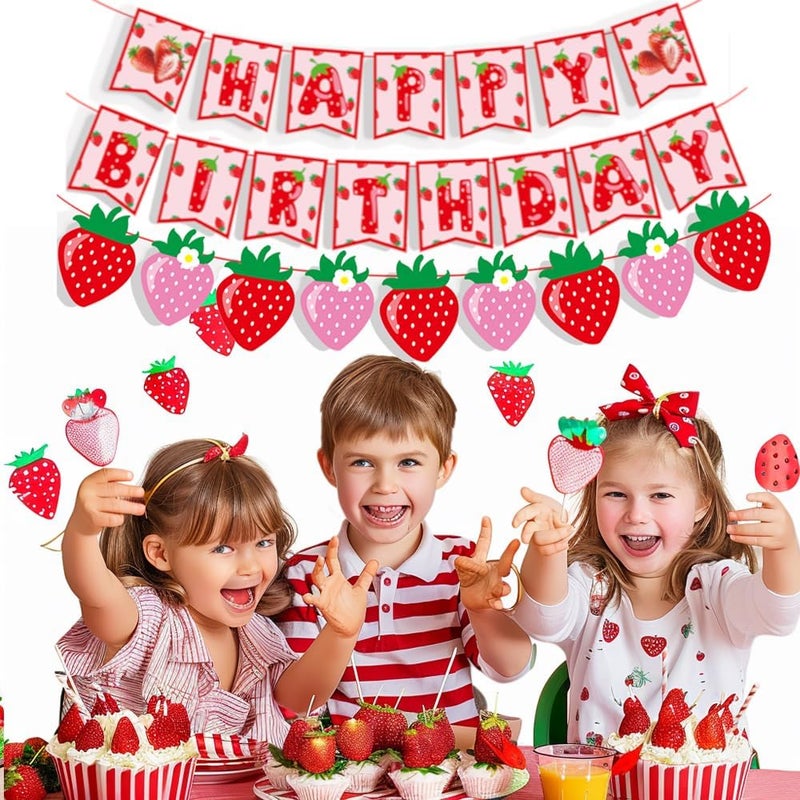 Finypa Strawberry 1st birthday party decorations include strawberry cake banner, balloons for girl, berries, first sweet, birthday party decoration - Image 4