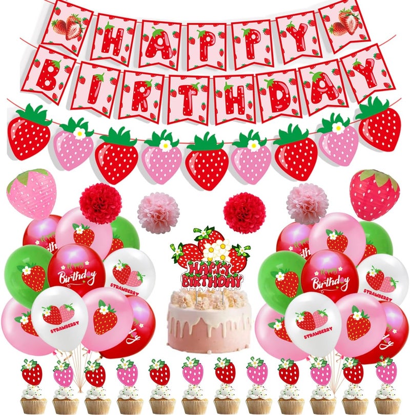 Finypa Strawberry 1st birthday party decorations include strawberry cake banner, balloons for girl, berries, first sweet, birthday party decoration - Image 1