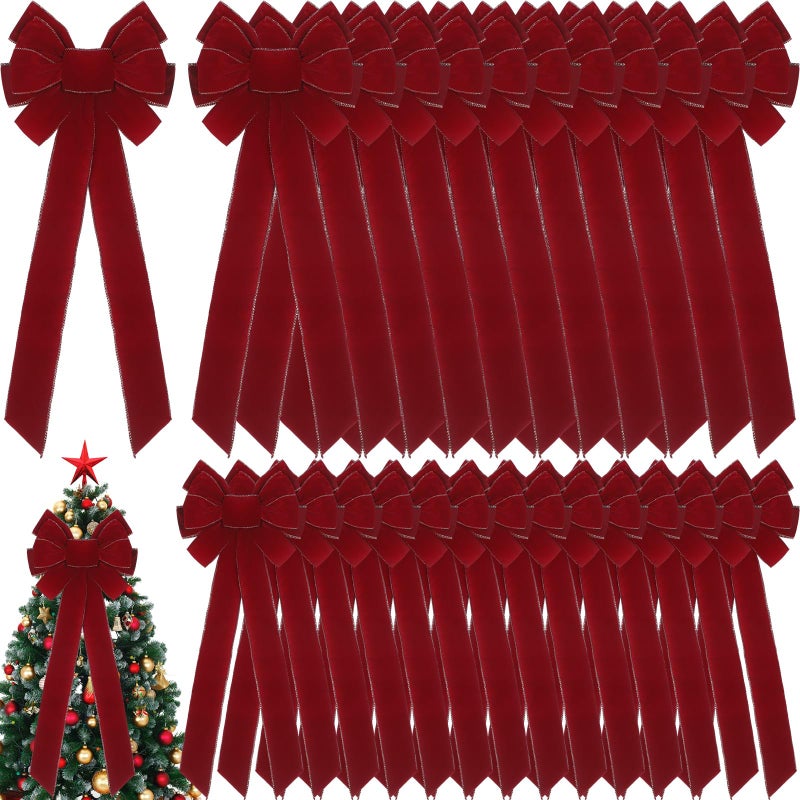 Yinkin 36 Pcs 10x 26 Extra Large Christmas Tree Topper Bow Bulk Red Velvet Ribbon with Golden Wire Christmas Wreath Bows for Xmas Winter Party Indoor Outdoor Supplies Wine Red