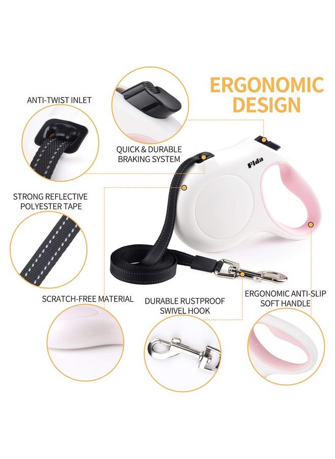 fida - Fida Retractable Dog Leash for Small Breed up to 26 lbs, 16 ft Pet Walking Leash with Dispenser and Poop Bags, Anti-Slip Handle, Reflective Strong Nylon Tape, One-Handed Brake (S, White & Pink) - Image 1