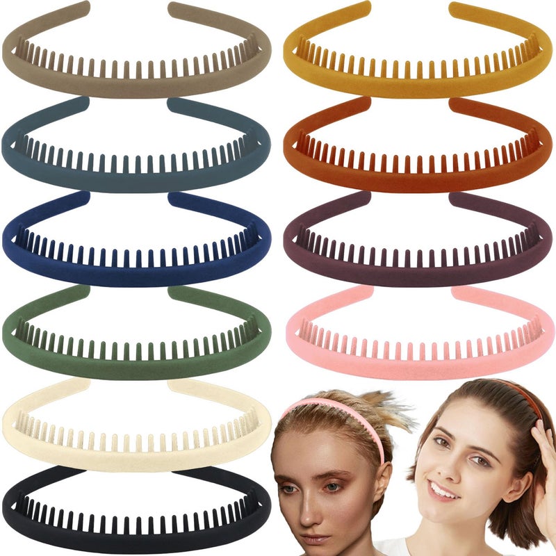 LAPOHI 10 PCS Non Slip Fashion Effortless Plastic Headbands with Teeth Comb Skinny Hair Accessories Bands for Women Men Teen Girls Short Teeth Morandi